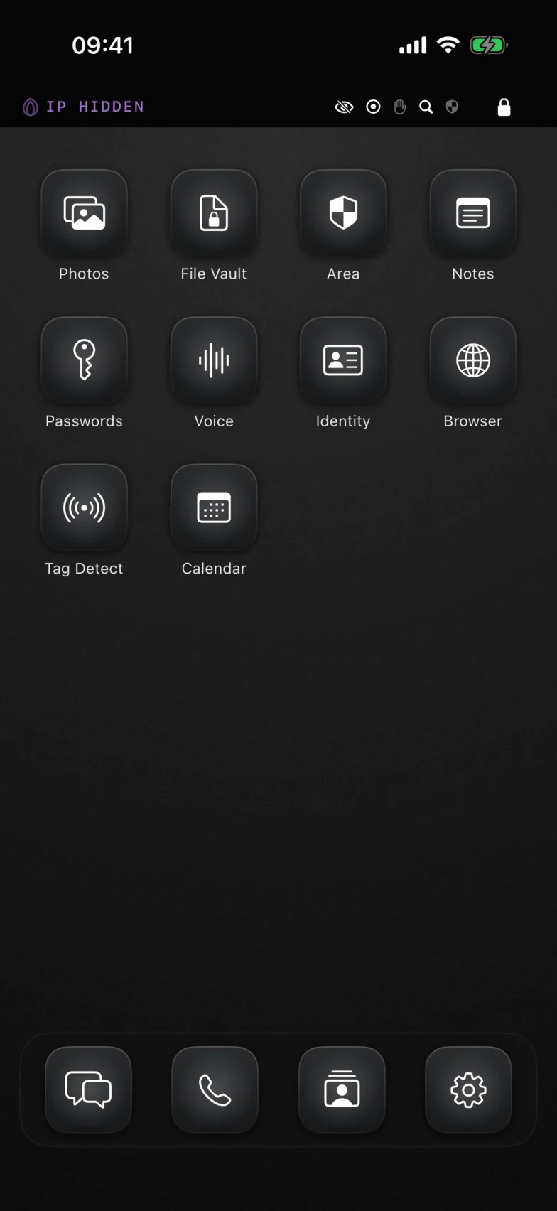 Diga home screen with its own grid of apps and the Tor status strip reading IP hidden
