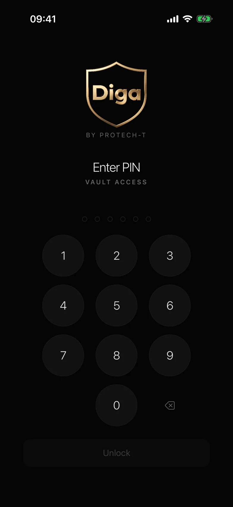 Diga lock screen asking for the vault PIN