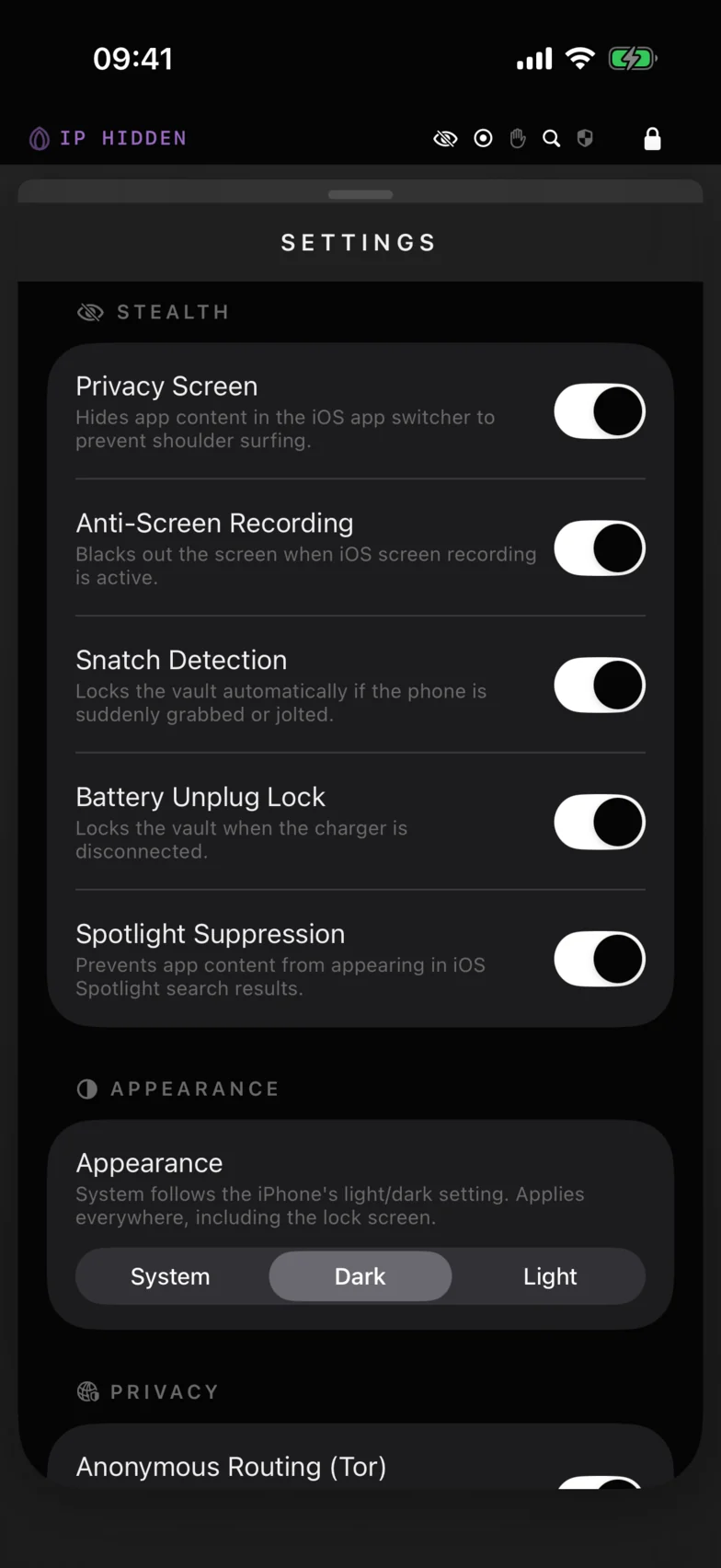 Diga Settings with the stealth protections switched on